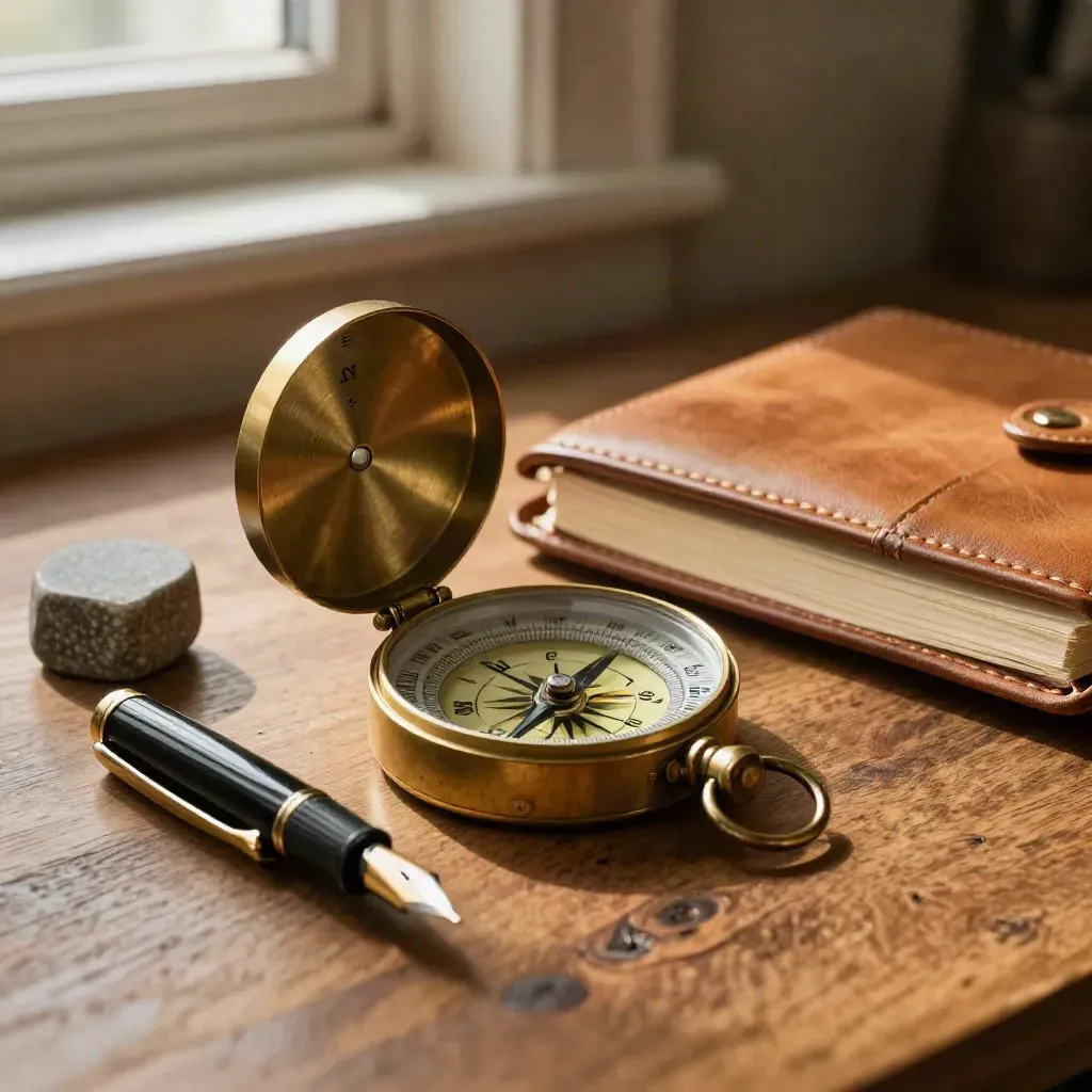 Brass compass, fountain pen cap, leather notebook and stone paperweight on an oak desk, macro close-up