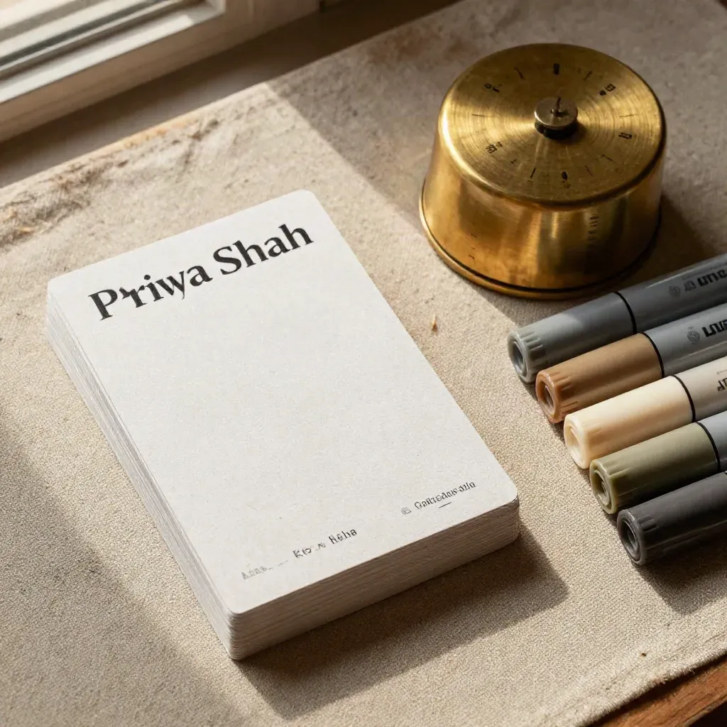 Workshop kit with brass timer, facilitation cards, and marker caps on a linen mat