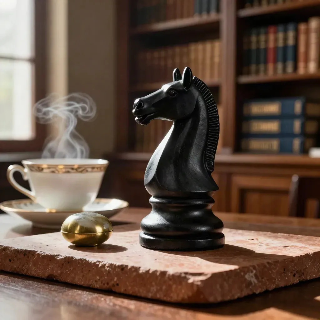 Slate chess knight, tea cup, brass paperweight on stone in dramatic side light.
