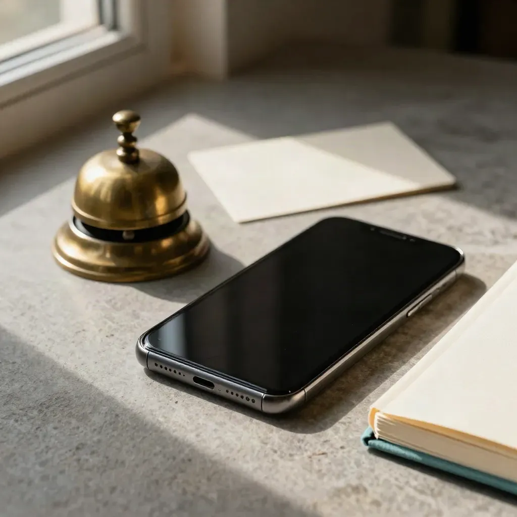 Smartphone, brass bell, and cream notebook on stone with soft teal accent.