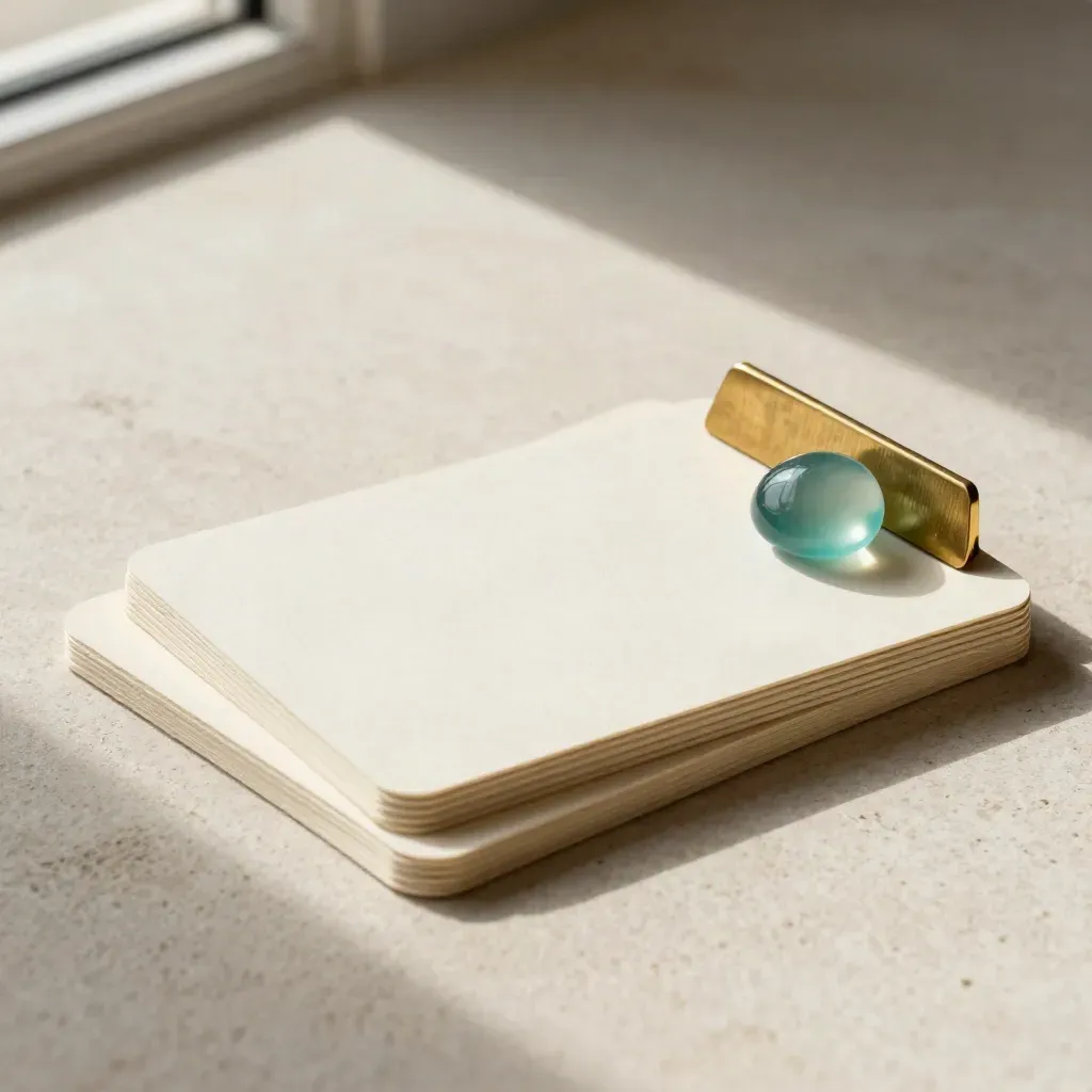 Overhead still life of stacked cream cards, a teal glass pebble and brass wedge on pale stone.