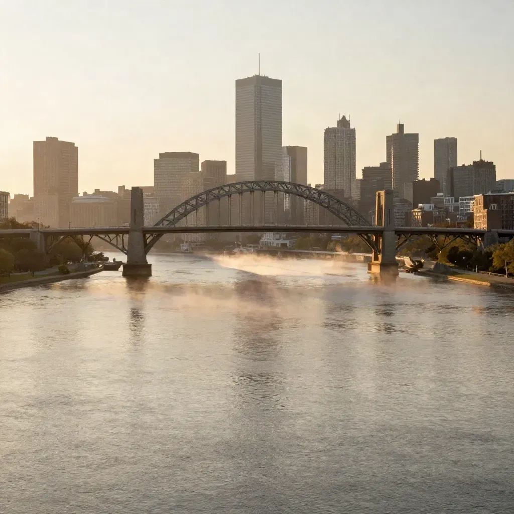 Boston at dawn with Longfellow Bridge over the Charles and Back Bay softened by mist.