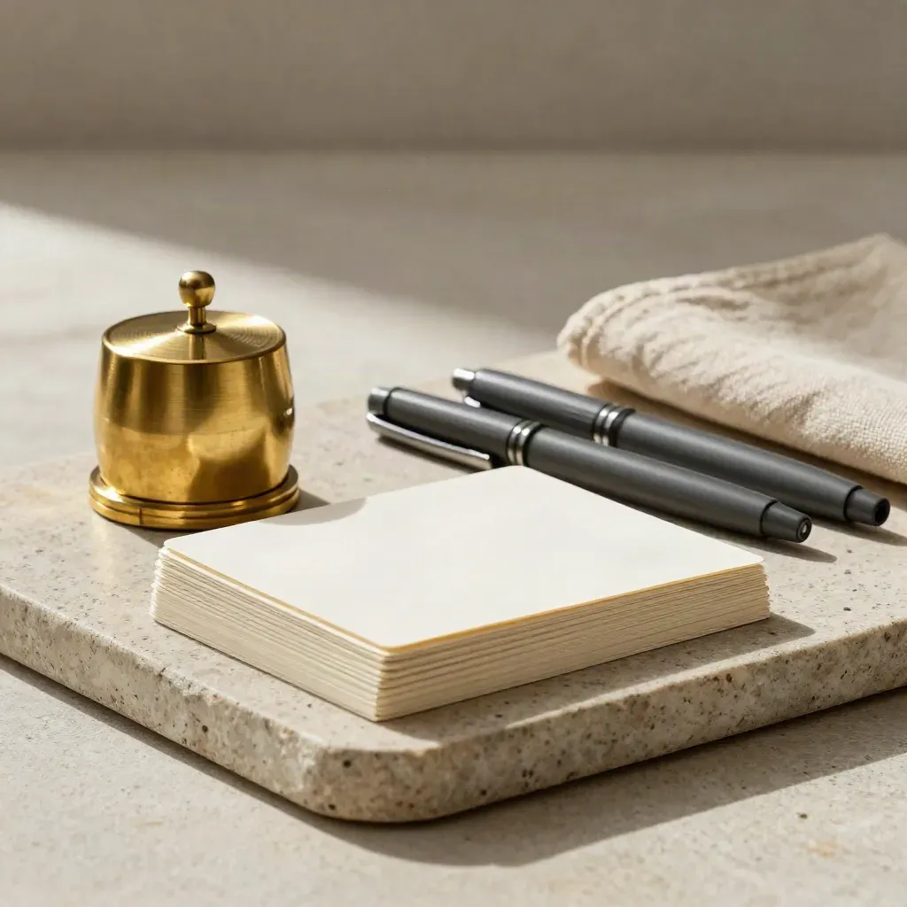 Brass timer, two capped pens, and blank index cards on a stone tray with soft linen.