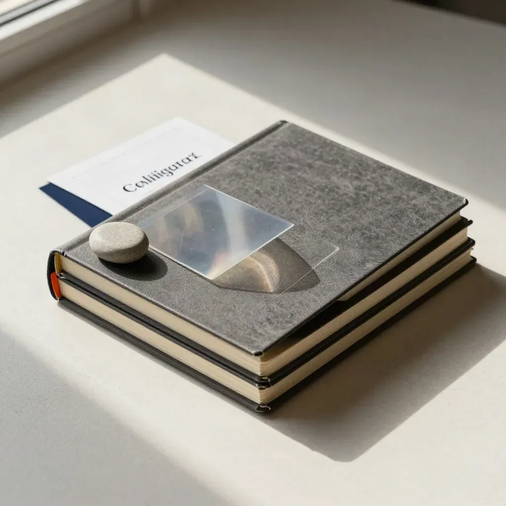 Overhead flatlay of notebooks, stone paperweight and acetate sheet on matte plaster.