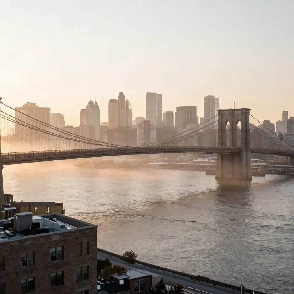 Sunrise over Lower Manhattan and the Brooklyn Bridge in soft river haze