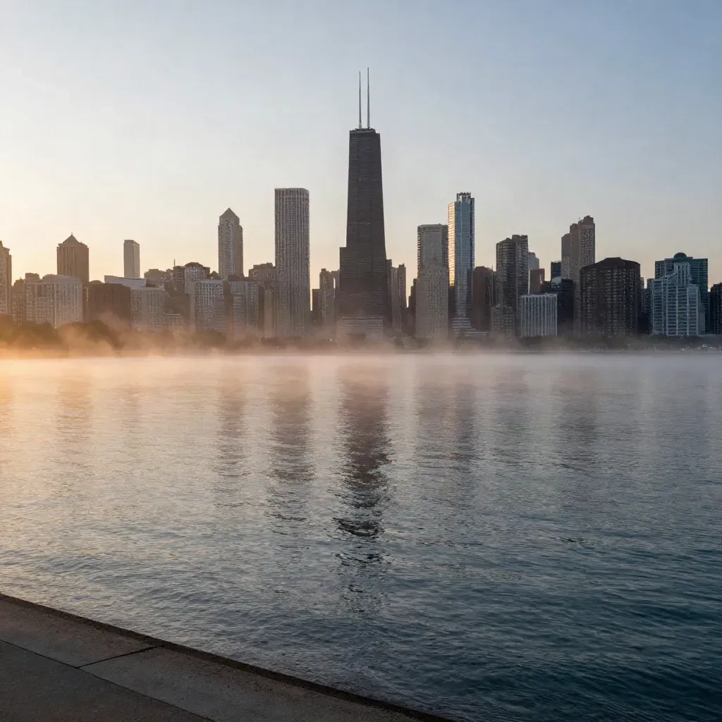 Chicago skyline at sunrise above Lake Michigan mist, Willis Tower high in frame