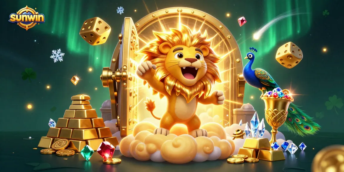 Experience the thrill of sunwin with a roaring sun lion, golden dice, and a treasure vault bursting with riches.