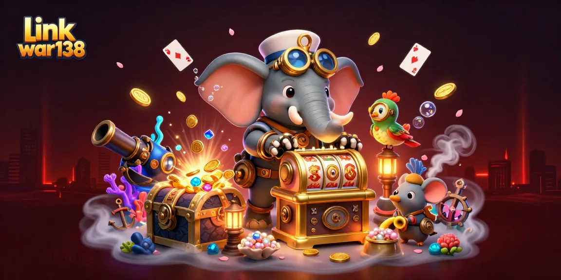 Spin the golden slot machine at link war138, featuring a steampunk elephant and treasures.