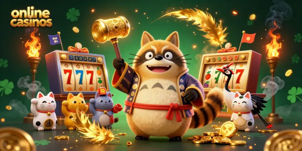 Cheerful tanuki in a festival outfit celebrates winning at online casinos with colorful symbols and lucky tokens.