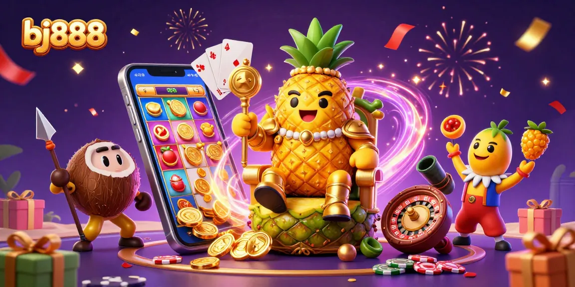 Join the fun at bj888's beach casino with a golden pineapple king and festive gambling elements.