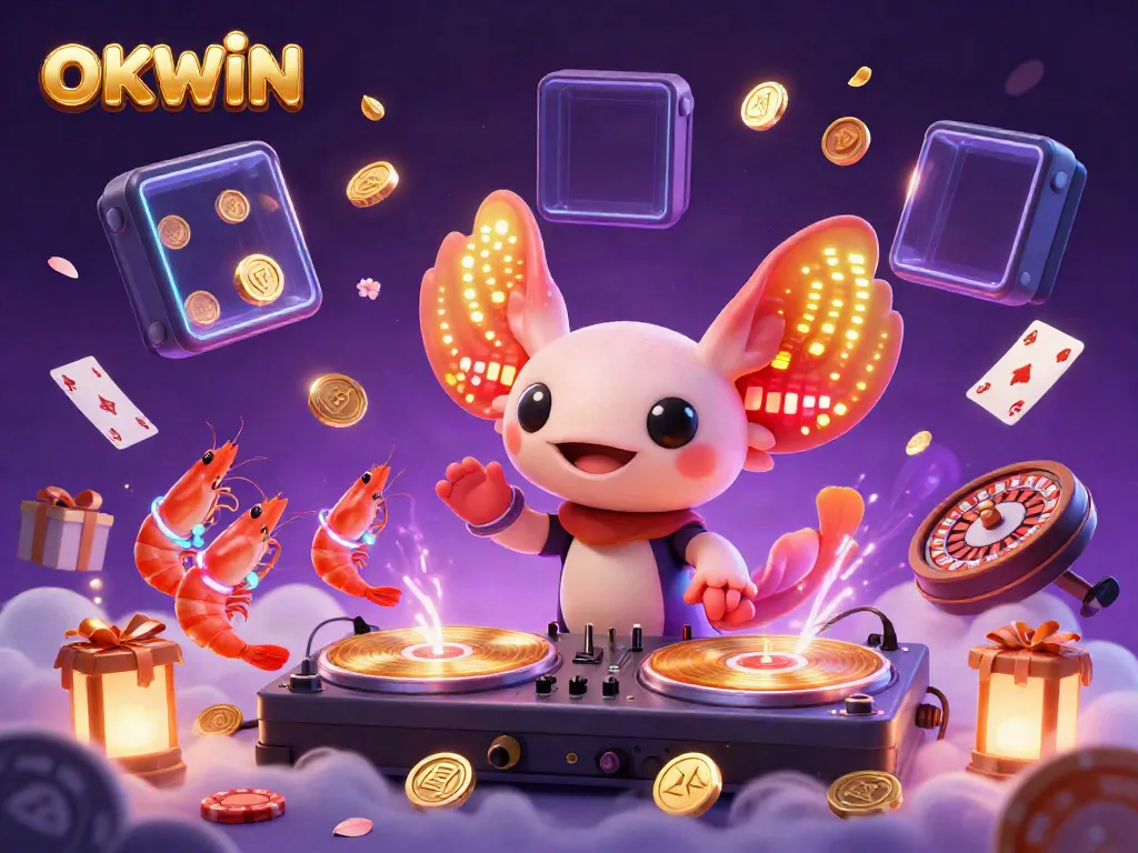 Engaging scene of OKWIN with axolotl DJ and lively shrimp dancing amid vibrant gambling elements.
