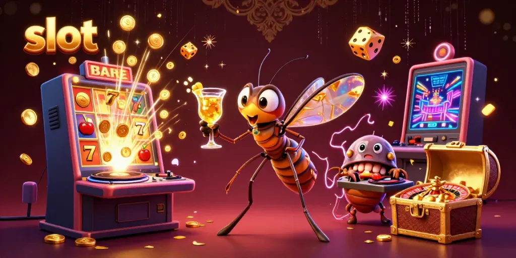 Slot keseruan dan jackpot dalam ilustrasi kasino, menampilkan simbol 7 beruntung dan mesin slot.