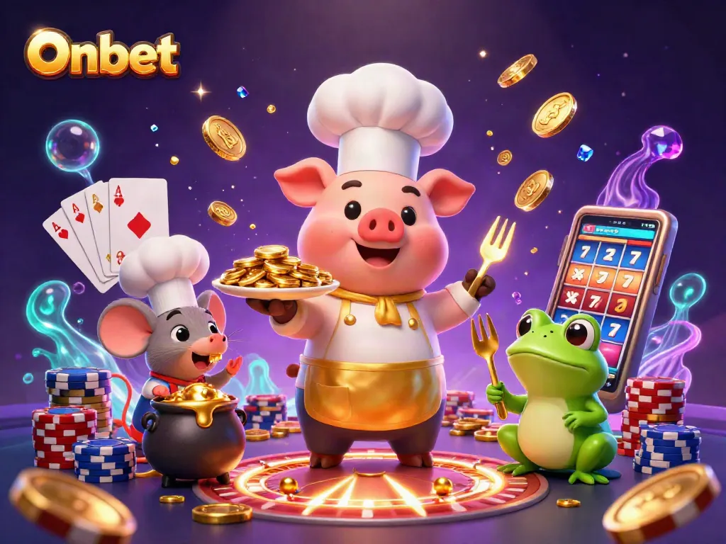 Onbet showcases a vibrant 3D illustration of a casino scene with characters and dynamic gaming elements.