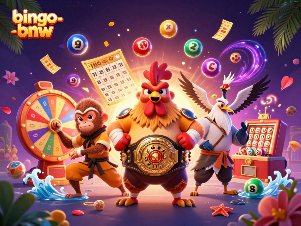 Engage in bingo-bnw excitement with vibrant balls and characters of luck and fortune.