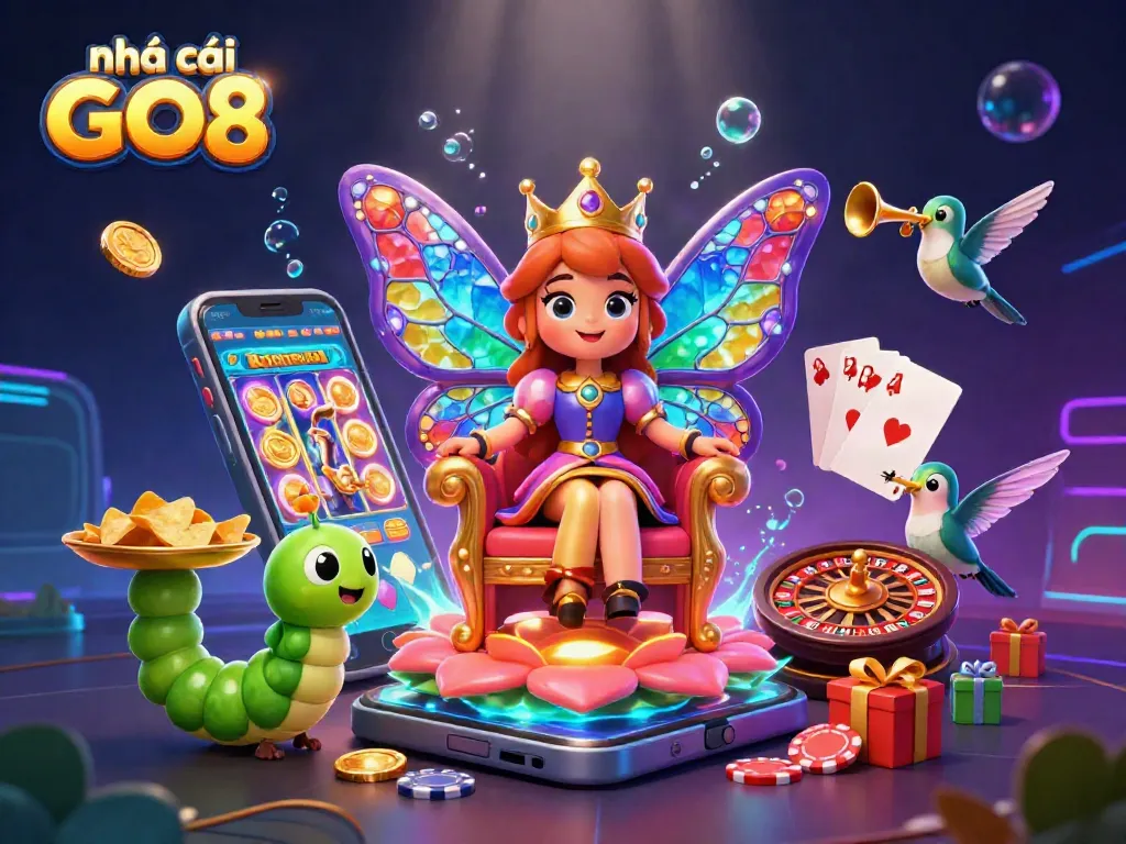 Play exciting games at nhà cái GO8, featuring vibrant characters and dazzling casino elements.