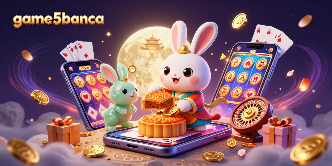 Spin to win big with game5banca: Moon rabbit celebrates with poker chips and slot games