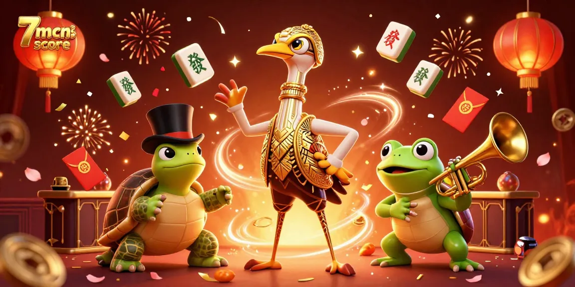Engage with 7mcnscore in this vibrant illustration featuring a flapper crane, a top-hat turtle, and a trumpet frog