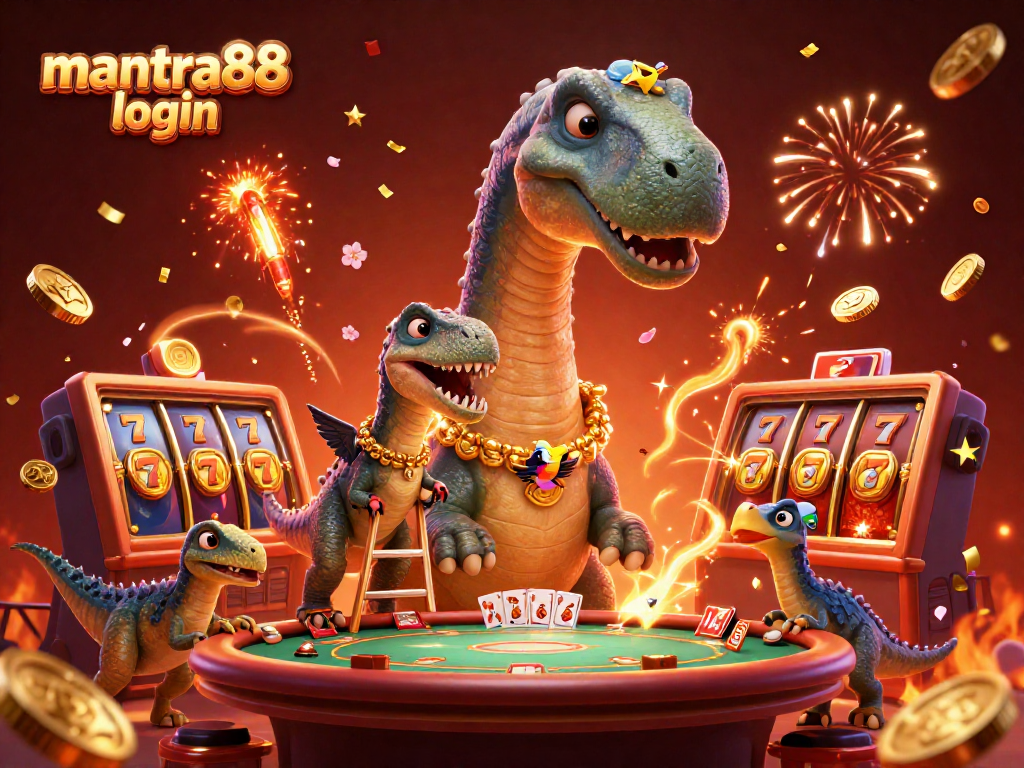 Experience thrilling action with mantra88 login as the giant brontosaurus oversees a lively casino scene!