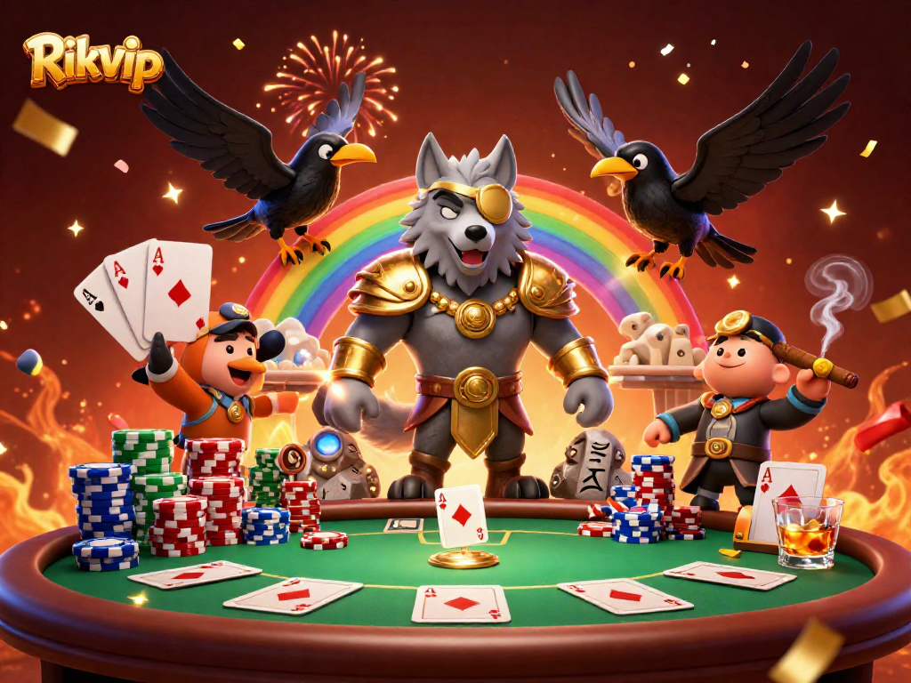 Experience exciting casino gameplay with Rikvip's vibrant 3D illustration showcasing poker elements and fantasy themes.