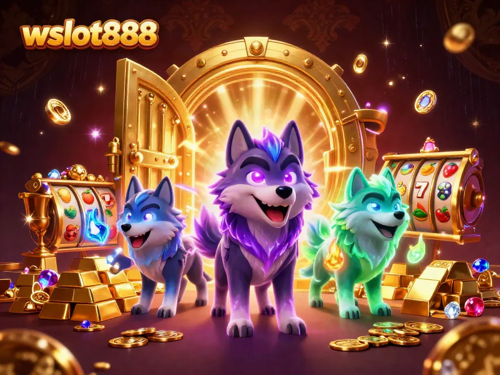 Gambarkan aksi menarik wslot888 dengan simbol slot yang bersinar dan auras karakter mistis.
