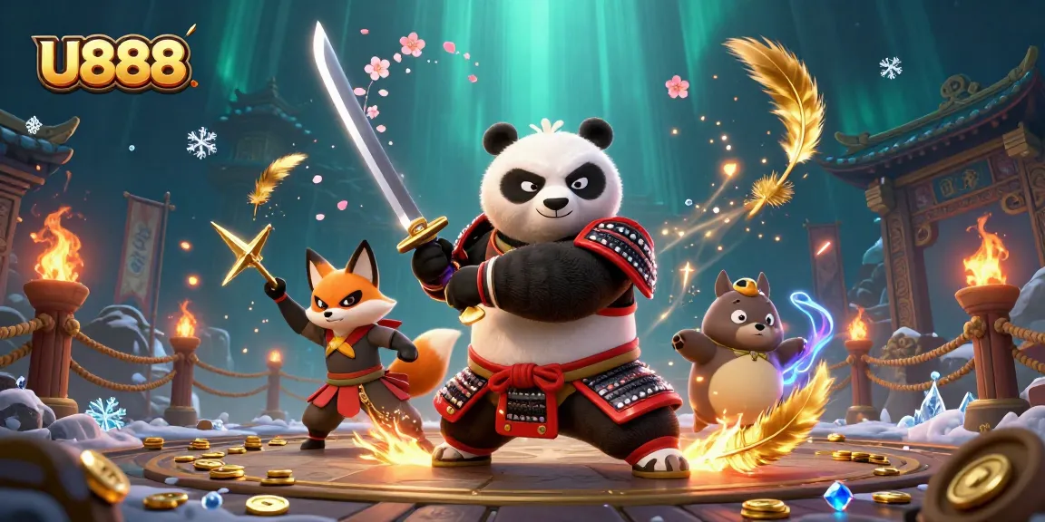 Engage with thrilling U888 gaming adventure featuring a samurai panda and ninja fox amidst a magical scene.