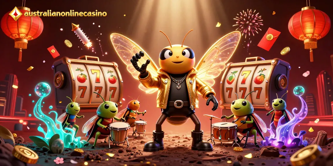 A vibrant 3D illustration featuring the australianonlinecasino brand with exciting slot game elements.