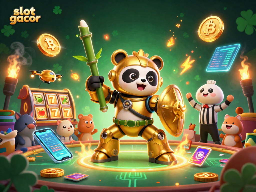 Experience thrilling slot gacor gaming with vibrant 3D illustration featuring a panda robot amidst a dynamic casino scene.