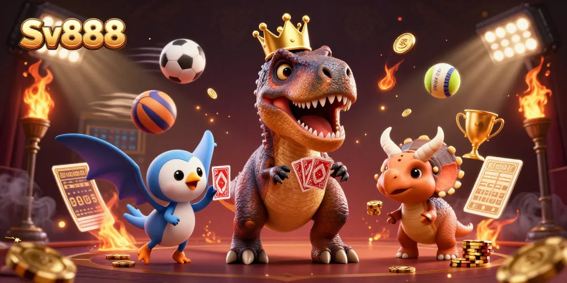 Experience thrilling gaming at Sv888 with a T-Rex shuffling cards and a baby triceratops stacking chips in a vibrant casino scene.