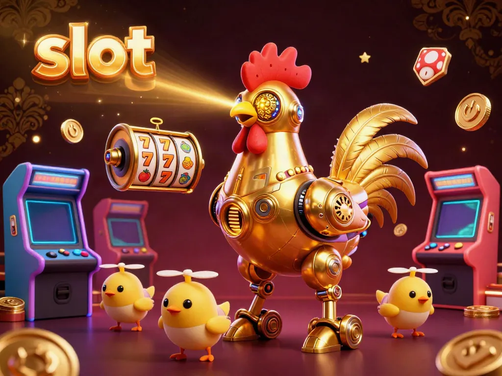 Robot ayam menembakkan sinar laser sambil dikelilingi simbol slot di kasino.