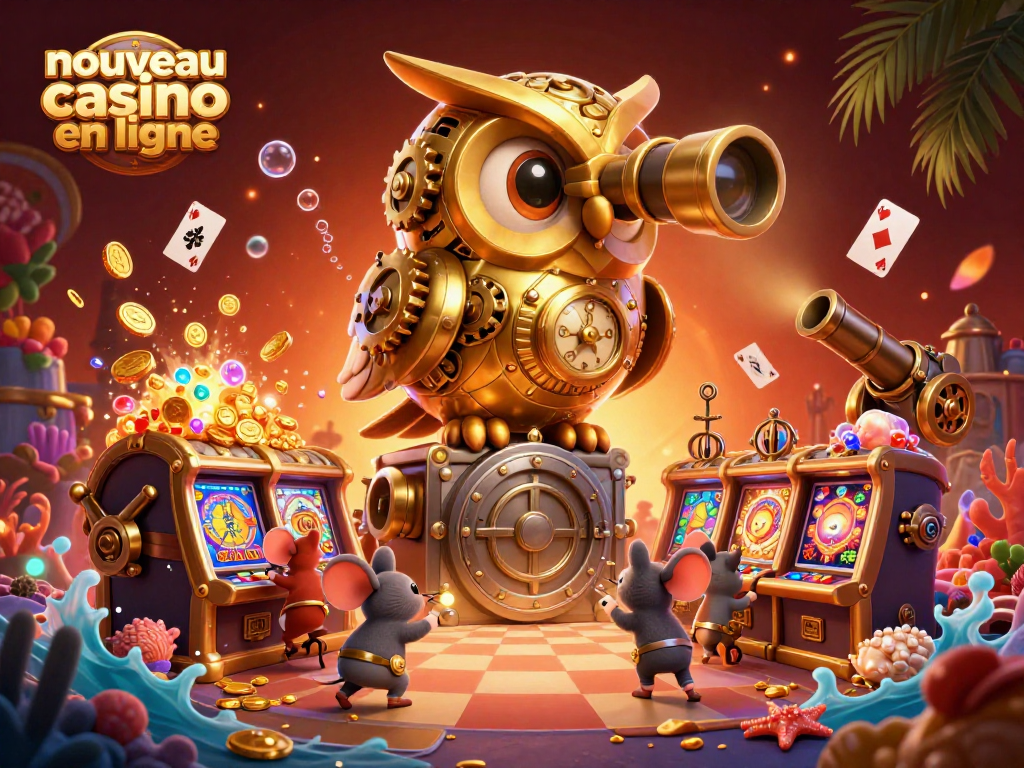 Découvrez l'univers dynamique d'un nouveau casino en ligne avec un hibou doré et des souris en train de jouer.