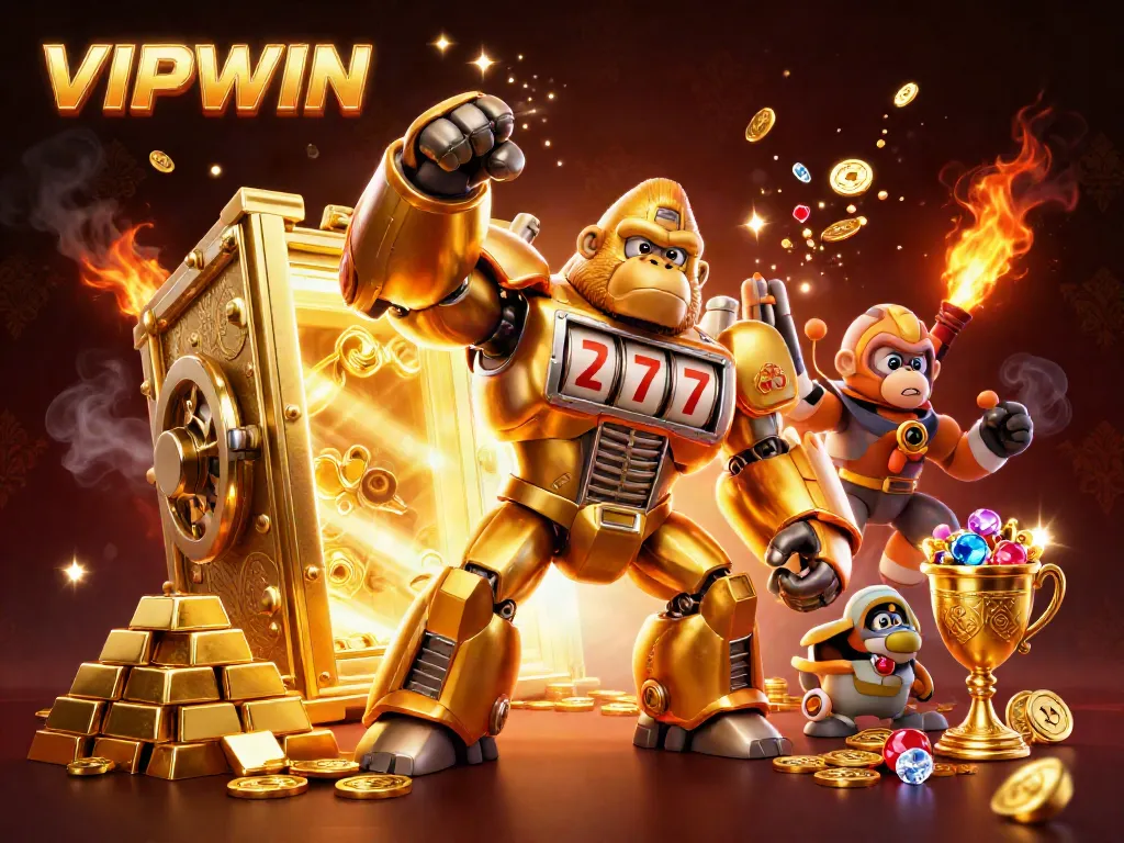 Engage with VIPWIN's thrilling gambling adventures featuring dynamic golden mech and treasures.
