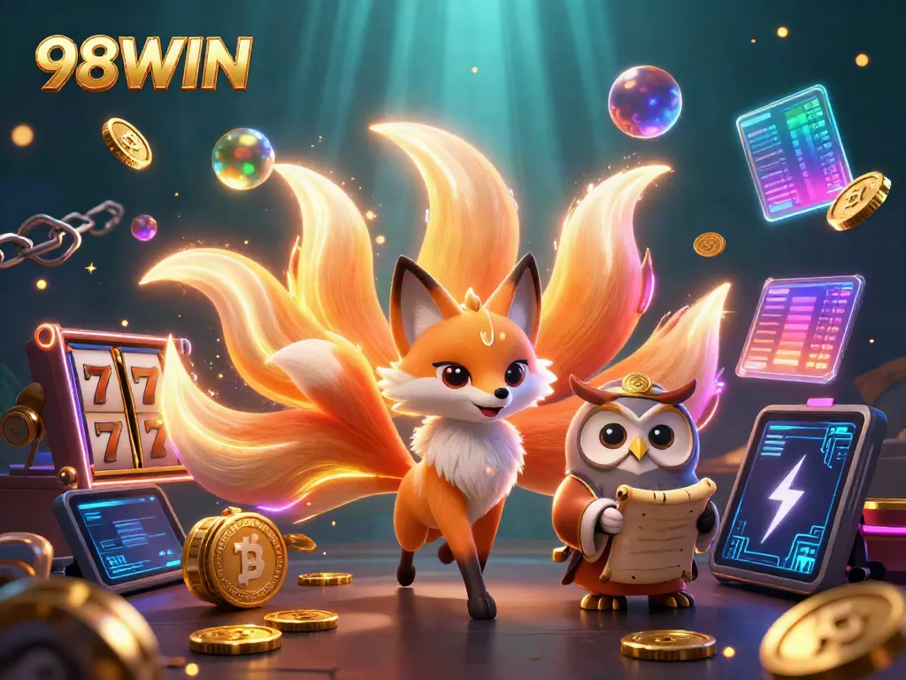 Engage with 98WIN's vibrant casino world through this stunning illustration featuring magical characters.