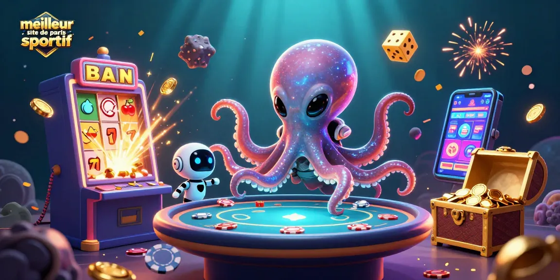 Visualisez le meilleur site de paris sportif avec une illustration 3D d'un octopus héroïque et ses jeux de casino.