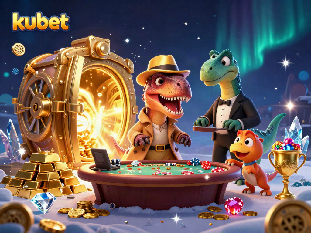 Kubet showcases a cartoon velociraptor in a trench coat at a blackjack table with a suspicious stegosaurus pit boss and a sneaky compy pickpocket.