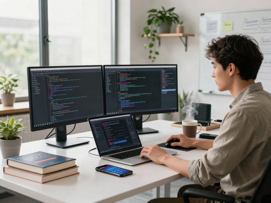 Download Pikashow Apk with a developer coding at a modern workspace filled with tech gadgets and productivity tools.