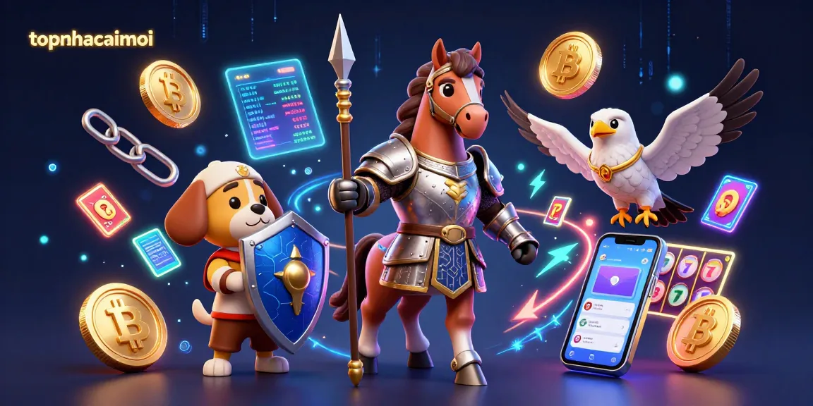 Engage in thrilling gaming at topnhacaimoi with a knight, squire, and falcon amidst vibrant crypto elements.