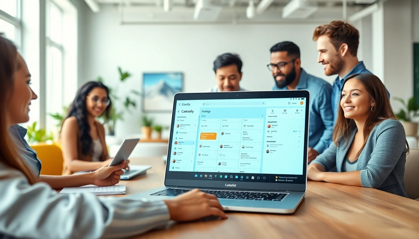 Collaborative workspace showcasing a Calendly alternative AI interface amidst a diverse team.