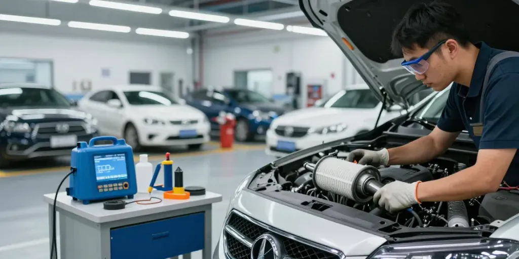 Mechaniker reinigt DPF in Hannover mit professionellem Equipment für DPF-Reinigung in Hannover.