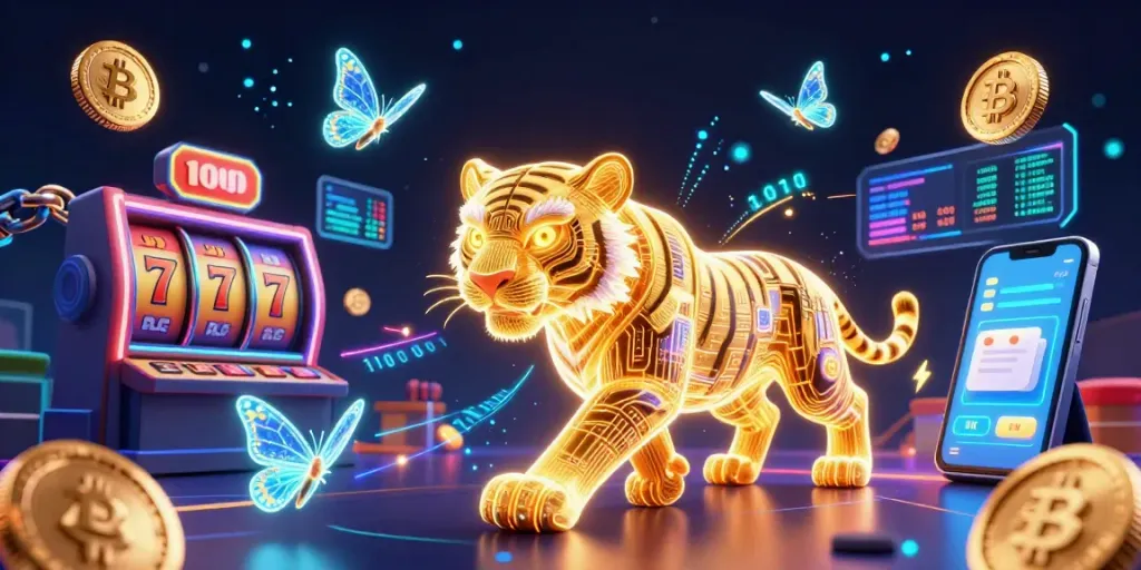 Experience excitement in bola slot with a neon-wireframe tiger and cryptocurrencies amidst a vibrant digital casino.