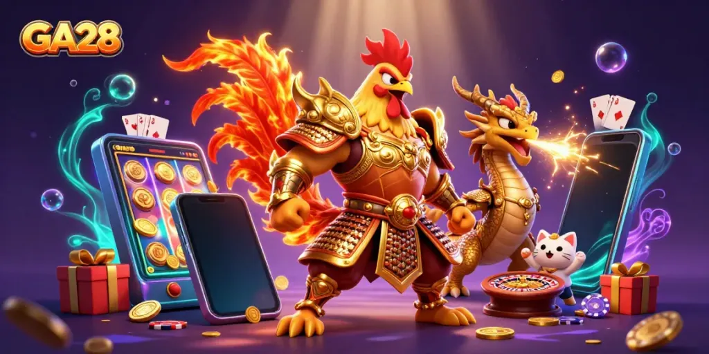 Experience the thrilling action of GA28 with vibrant characters and gaming elements.