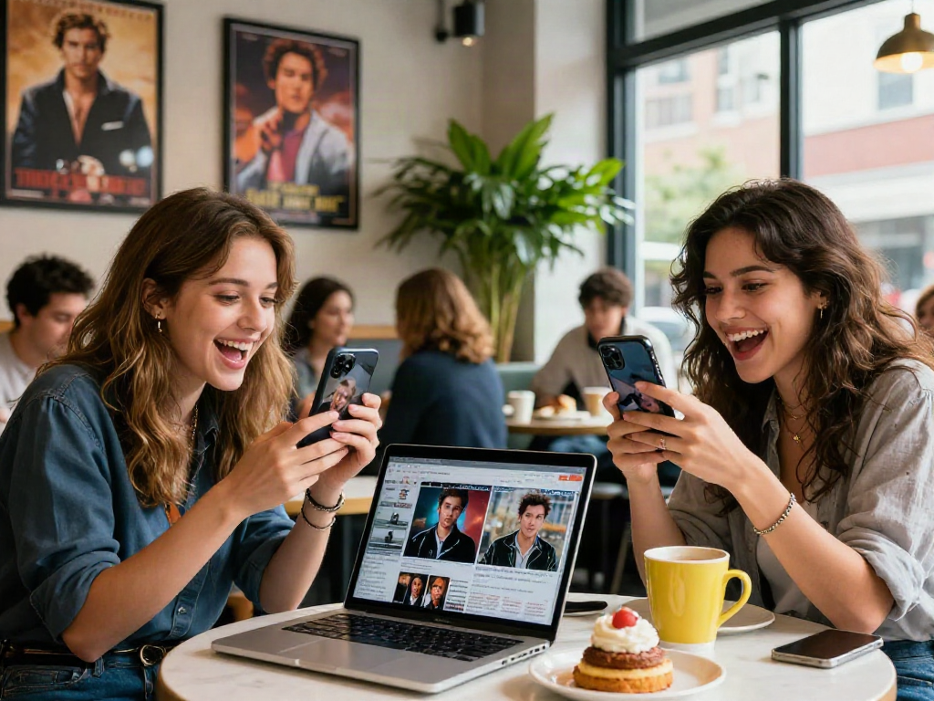 Two friends sharing photos of celebrities that look alike in a trendy coffee shop