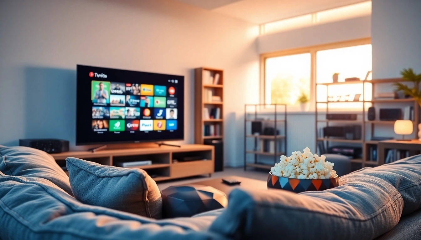 Stream free trial iptv with a modern setup showcasing a cozy living room atmosphere.