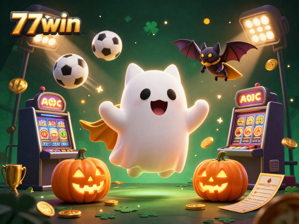 Experience the excitement of 77win as a friendly ghost cat navigates a haunted casino with sports-themed elements.