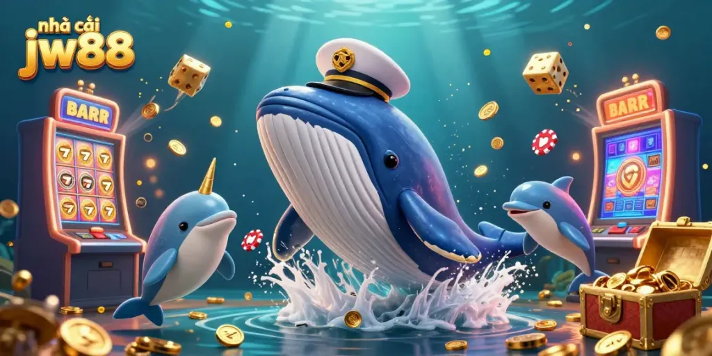 Engage with the interactive gaming experience at nhà cái jw88 featuring a thrilling underwater scene of a cartoon whale and playful dolphins.