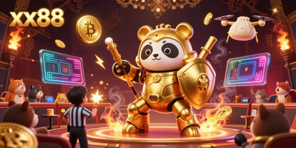Engage in thrilling gameplay at xx88 with a dynamic scene featuring a golden panda mech robot in an electrifying casino.