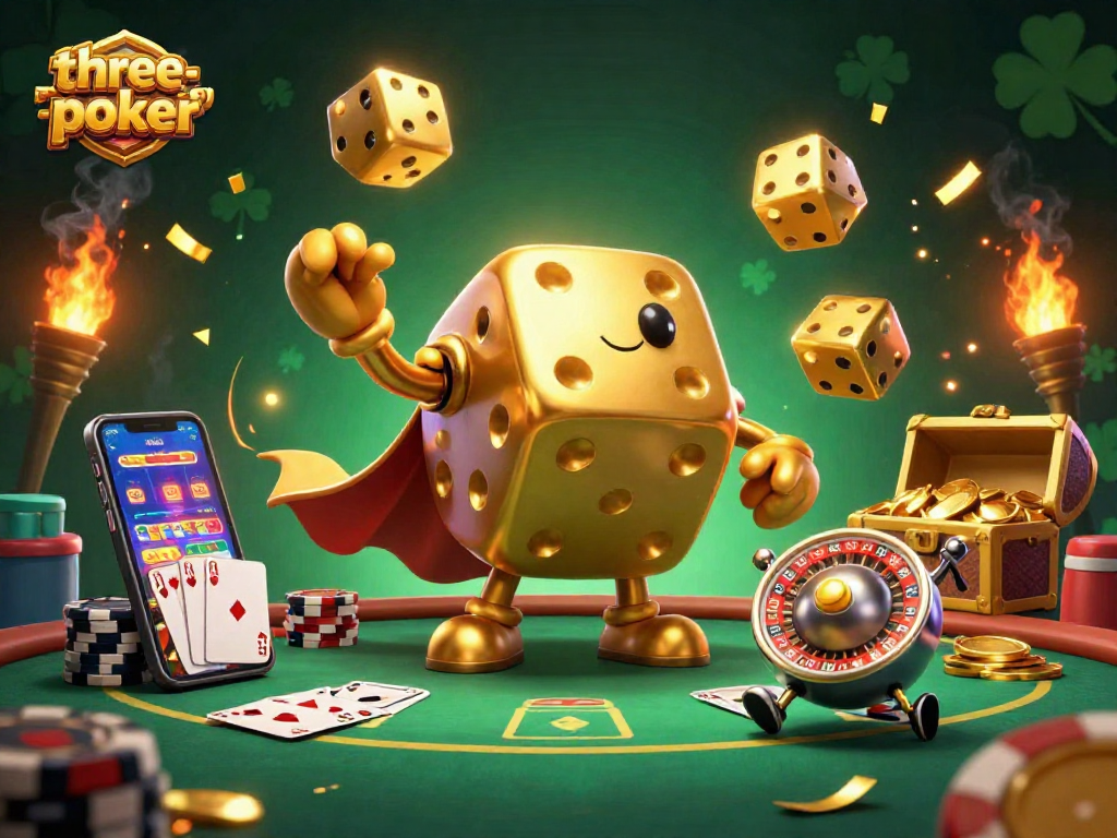Win big at three-card-poker with a dynamic 3D scene of playful golden dice and poker elements.