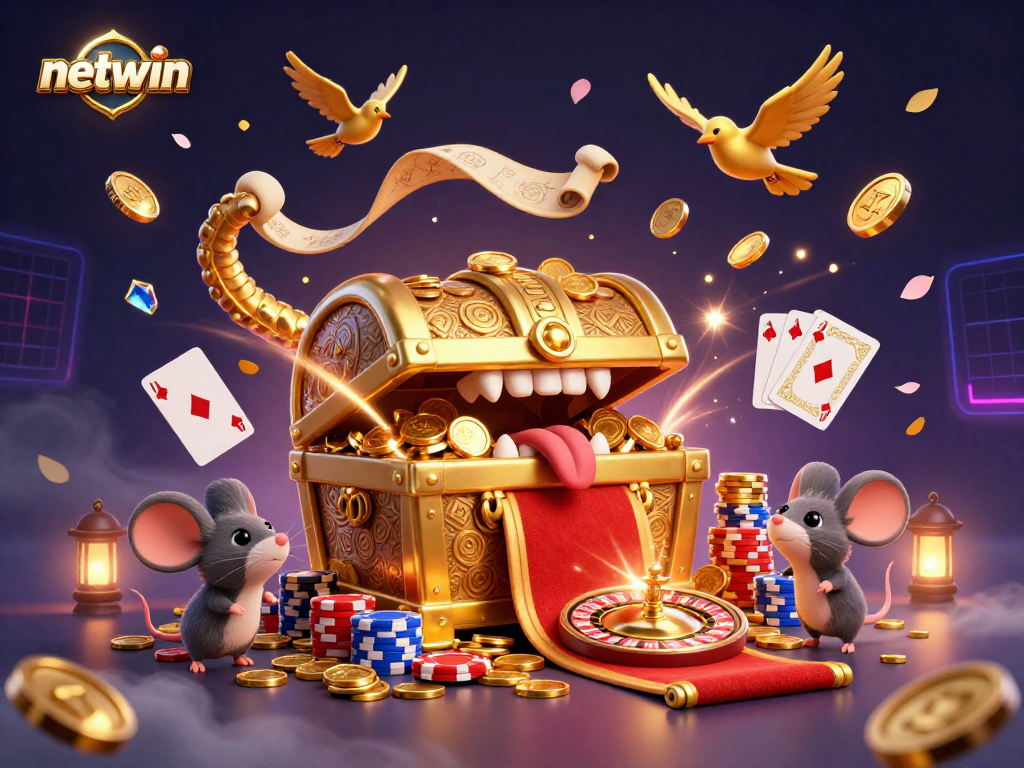 Experience the thrill of netwin with a vibrant casino illustration filled with adventure and treasures.
