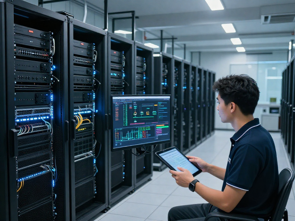 IT technician monitoring VPS hosting systems in a modern data center