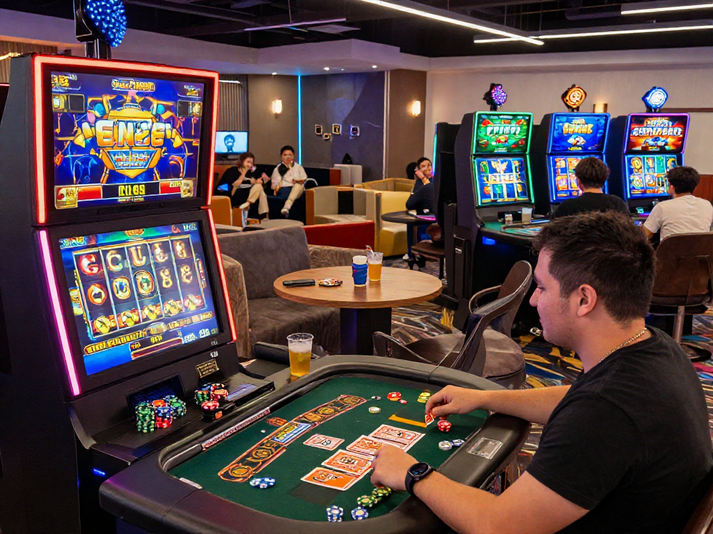 Pengalaman bermain slot88 dengan suasana kasino modern yang meriah dan teman-teman