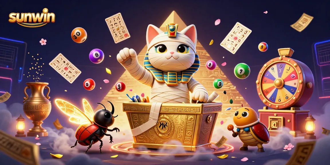 Sunwin's casino experience showcased with a mummy cat, scarab beetle, and vibrant gaming elements.